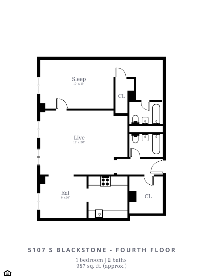 Floor plan for 1 bed, 1 bath, 987 sqft